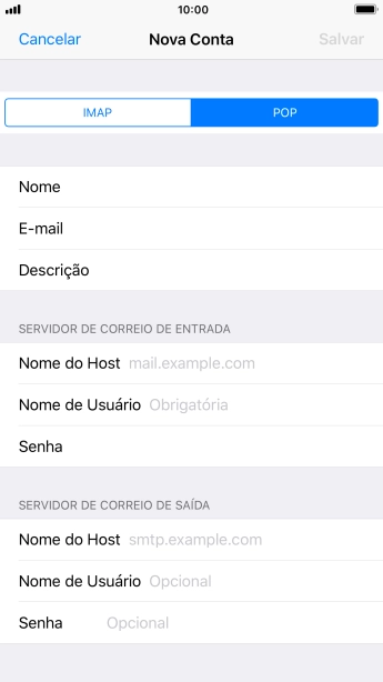 Pressione Nome do Host, e insira o nome do servidor de entrada do seu provedor de e-mails. Pressione Nome do Host, e insira o nome do servidor de entrada do seu provedor de e-mails.