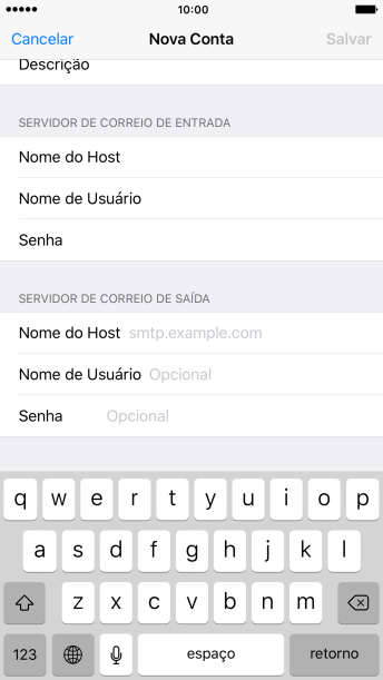Pressione Nome do Host, e insira o nome do servidor de saída do seu provedor de e-mails. Pressione Nome do Host, e insira o nome do servidor de saída do seu provedor de e-mails.