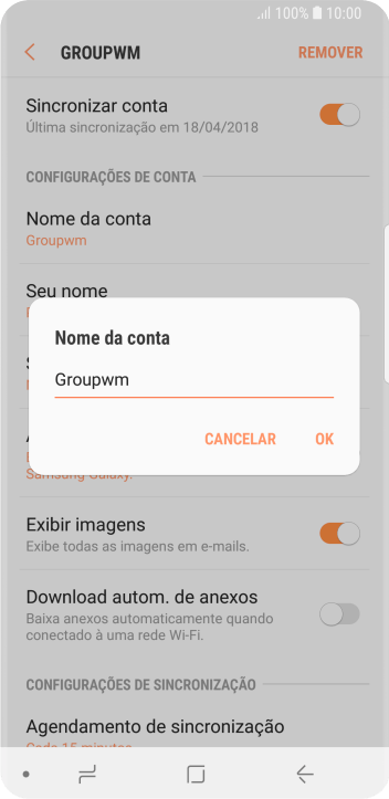 Digite o nome da conta de e-mail, e pressione OK. Digite o nome da conta de e-mail, e pressione OK.