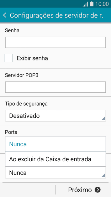Pressione Nunca para manter os e-mails no servidor, quando você apagá-los do celular. Pressione Nunca para manter os e-mails no servidor, quando você apagá-los do celular.