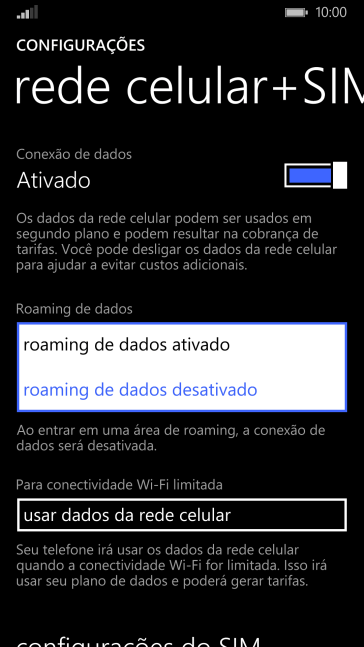 Pressione roaming de dados ativado para ativar o roaming. Pressione roaming de dados ativado para ativar o roaming.