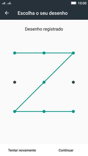 Mova os dedos na tela para conectar pelo menos quatro pontos, e pressione Continuar. Mova os dedos na tela para conectar pelo menos quatro pontos, e pressione Continuar.