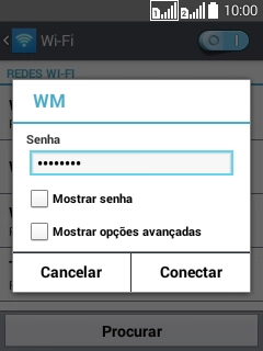 Digite a senha da sua conta da rede Wi-Fi, e pressione Conectar. Digite a senha da sua conta da rede Wi-Fi, e pressione Conectar.