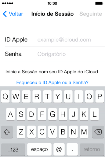 Pressione ID Apple, e digite o nome de usuário do seu ID Apple. Pressione ID Apple, e digite o nome de usuário do seu ID Apple.