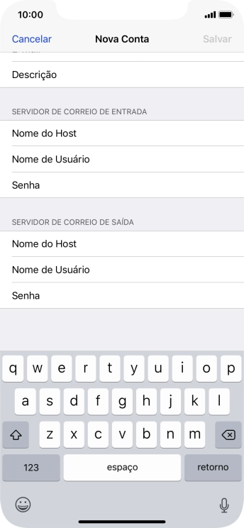 Pressione Nome do Host, e insira o nome do servidor de saída do seu provedor de e-mails. Pressione Nome do Host, e insira o nome do servidor de saída do seu provedor de e-mails.