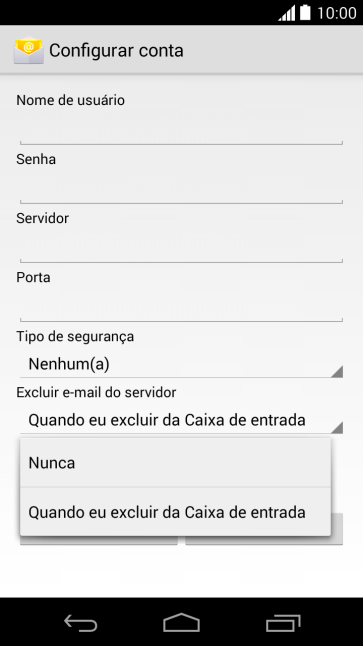 Pressione Nunca para manter os e-mails no servidor, quando você apagá-los do celular. Pressione Nunca para manter os e-mails no servidor, quando você apagá-los do celular.