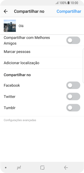 Digite o texto desejado, e pressione Compartilhar. Digite o texto desejado, e pressione Compartilhar.
