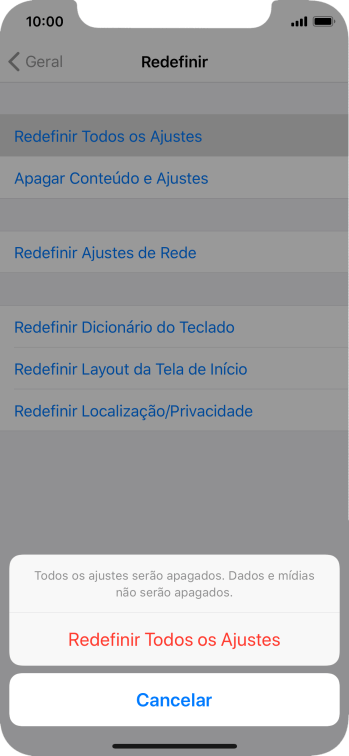 Pressione Redefinir Todos os Ajustes. Pressione Redefinir Todos os Ajustes.