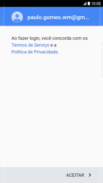 Pressione ACEITAR, e siga as indicações da tela para selecionar as configurações da sua conta Google. Pressione ACEITAR, e siga as indicações da tela para selecionar as configurações da sua conta Google.