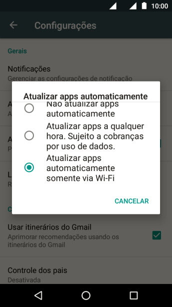 Pressione Atualizar apps automaticamente via Wi-Fi para ativar a função. Pressione Atualizar apps automaticamente via Wi-Fi para ativar a função.