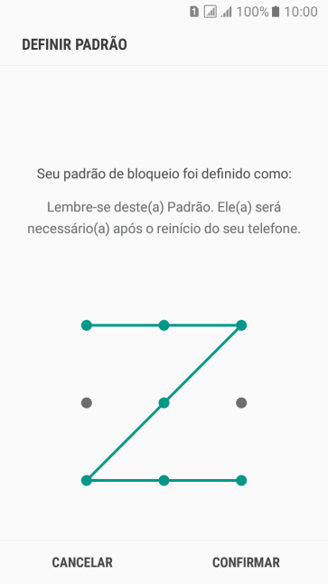 Repita o código do celular selecionado, e pressione CONFIRMAR. Siga as instruções na tela para configurar um código extra de bloqueio do celular. Repita o código do celular selecionado, e pressione CONFIRMAR. Siga as instruções na tela para configurar um código extra de bloqueio do celular.
