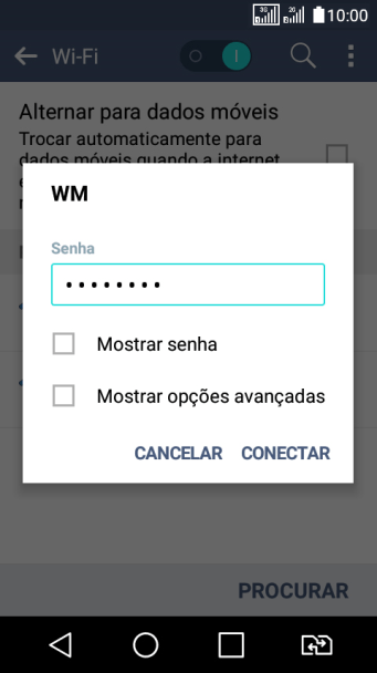 Digite a senha da sua conta da rede Wi-Fi, e pressione CONECTAR. Digite a senha da sua conta da rede Wi-Fi, e pressione CONECTAR.