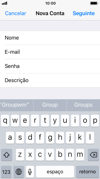 Pressione Descrição, e digite o nome da conta de e-mail. Pressione Descrição, e digite o nome da conta de e-mail.