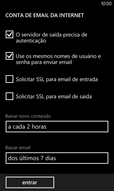 Pressione Solicitar SSL para email de entrada para ativar ou desativar a função. Pressione Solicitar SSL para email de entrada para ativar ou desativar a função.