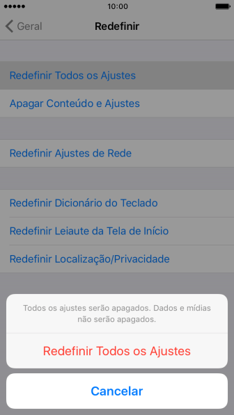 Pressione Redefinir Todos os Ajustes. Pressione Redefinir Todos os Ajustes.