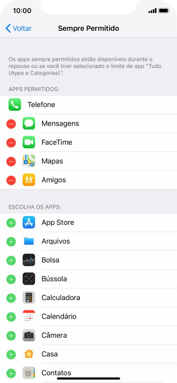 Pressione o ícone de excluir ao lado do app desejado para retirá-lo da lista de apps permitidos no Repouso. Pressione o ícone de excluir ao lado do app desejado para retirá-lo da lista de apps permitidos no Repouso.