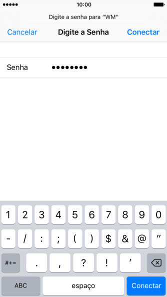 Digite a senha da sua conta da rede Wi-Fi, e pressione Conectar. Digite a senha da sua conta da rede Wi-Fi, e pressione Conectar.