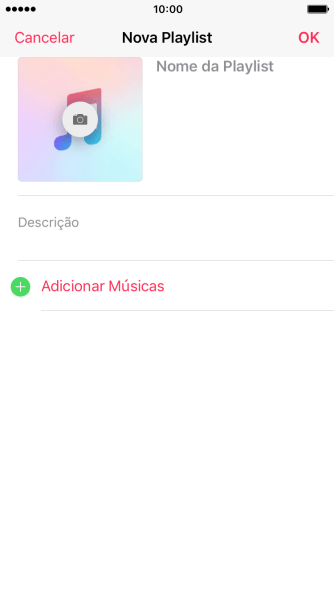 Pressione o campo de escrever, e digite o nome da lista de reprodução. Pressione o campo de escrever, e digite o nome da lista de reprodução.