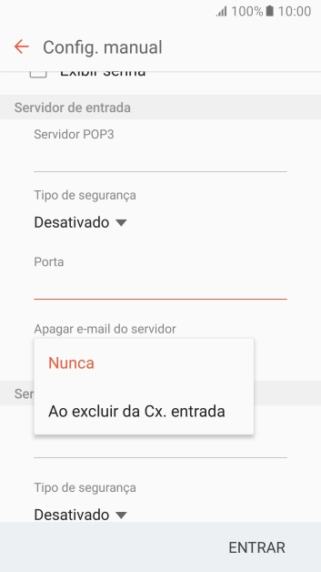 Pressione Nunca para manter os e-mails no servidor, quando você apagá-los do celular. Pressione Nunca para manter os e-mails no servidor, quando você apagá-los do celular.