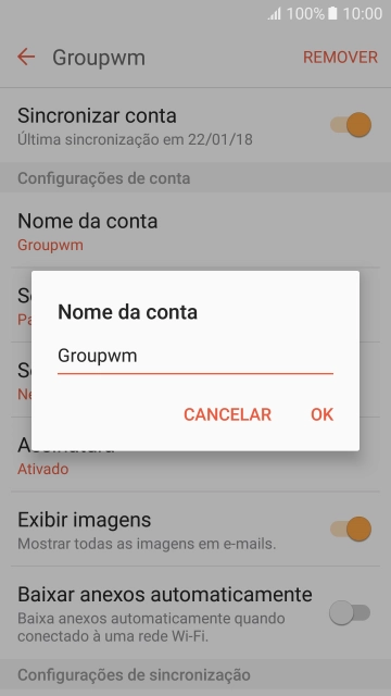 Digite o nome da conta de e-mail, e pressione OK. Digite o nome da conta de e-mail, e pressione OK.