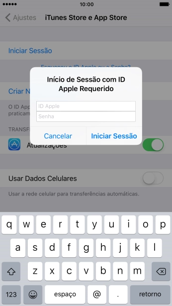 Pressione ID Apple, e digite o nome de usuário do seu ID Apple. Pressione ID Apple, e digite o nome de usuário do seu ID Apple.