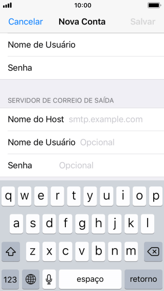 Pressione Nome do Host, e insira o nome do servidor de saída do seu provedor de e-mails. Pressione Nome do Host, e insira o nome do servidor de saída do seu provedor de e-mails.