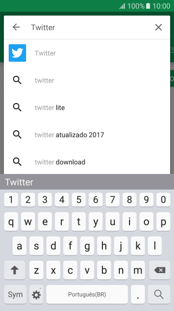 Digite Twitter e pressione o ícone de busca. Digite Twitter e pressione o ícone de busca.