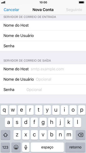 Pressione Nome do Host, e insira o nome do servidor de saída do seu provedor de e-mails. Pressione Nome do Host, e insira o nome do servidor de saída do seu provedor de e-mails.