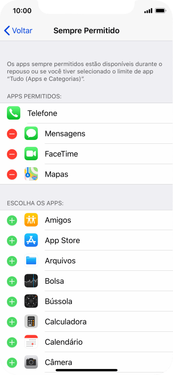 Pressione o ícone de adicionar ao lado do app desejado para adicioná-lo à lista de apps permitidos no Repouso. Pressione o ícone de adicionar ao lado do app desejado para adicioná-lo à lista de apps permitidos no Repouso.