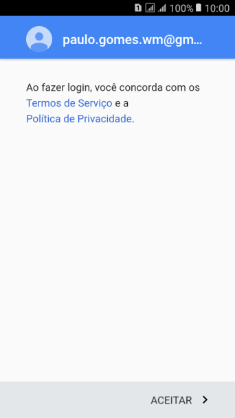 Pressione ACEITAR, e siga as indicações da tela para selecionar as configurações da sua conta Google. Pressione ACEITAR, e siga as indicações da tela para selecionar as configurações da sua conta Google.