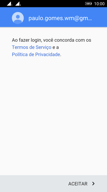Pressione ACEITAR, e siga as indicações da tela para selecionar as configurações da sua conta Google. Pressione ACEITAR, e siga as indicações da tela para selecionar as configurações da sua conta Google.