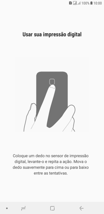 Siga as instruções na tela para configurar o código de bloqueio do celular com impressão digital. Siga as instruções na tela para configurar o código de bloqueio do celular com impressão digital.