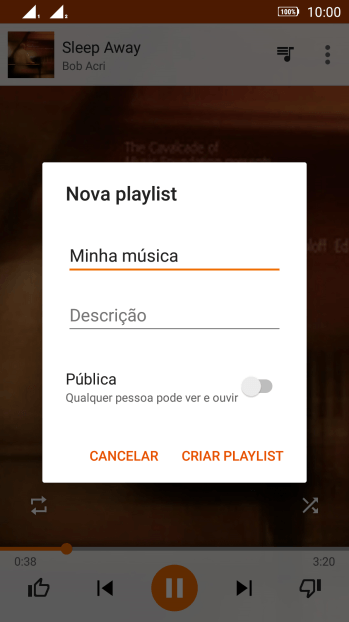 Digite o nome da lista de reprodução, e pressione CRIAR PLAYLIST. Digite o nome da lista de reprodução, e pressione CRIAR PLAYLIST.