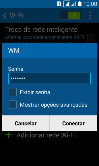 Digite a senha da sua conta da rede Wi-Fi, e pressione Conectar. Digite a senha da sua conta da rede Wi-Fi, e pressione Conectar.