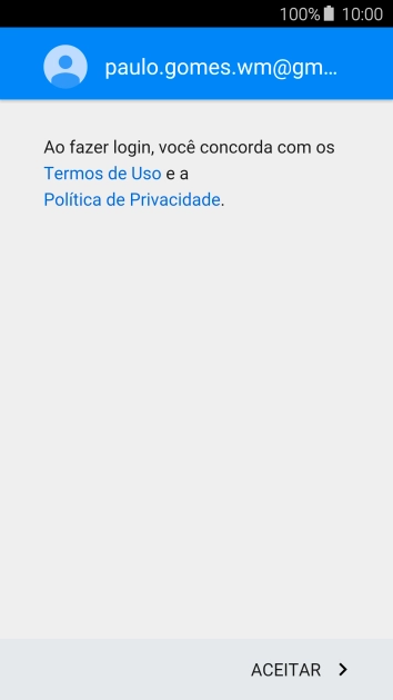 Pressione ACEITAR, e siga as indicações da tela para selecionar as configurações da sua conta Google. Pressione ACEITAR, e siga as indicações da tela para selecionar as configurações da sua conta Google.