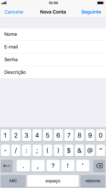 Pressione Descrição, e digite o nome da conta de e-mail. Pressione Descrição, e digite o nome da conta de e-mail.