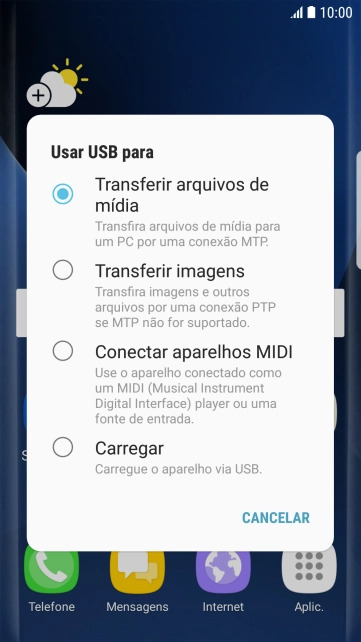 Pressione Transferir arquivos de mídia para ativar a função. Pressione Transferir arquivos de mídia para ativar a função.