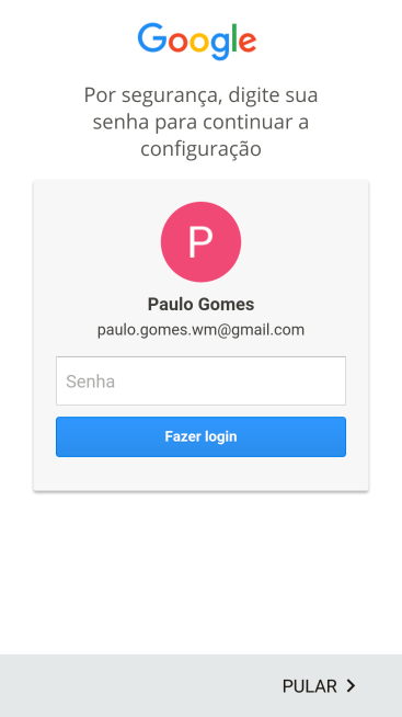 Pressione Senha, e digite a senha da sua conta Google. Pressione Senha, e digite a senha da sua conta Google.