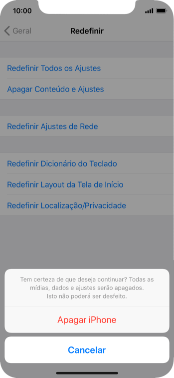 Pressione Apagar iPhone. Aguarde um instante, enquanto o celular restaura as configurações padrão. Siga as indicações do visor para configurar o celular, e deixá-lo pronto para uso. Pressione Apagar iPhone. Aguarde um instante, enquanto o celular restaura as configurações padrão. Siga as indicações do visor para configurar o celular, e deixá-lo pronto para uso.