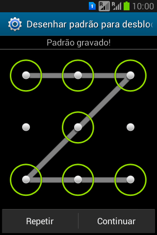 Mova os dedos na tela para conectar pelo menos quatro pontos, e pressione Continuar. Mova os dedos na tela para conectar pelo menos quatro pontos, e pressione Continuar.