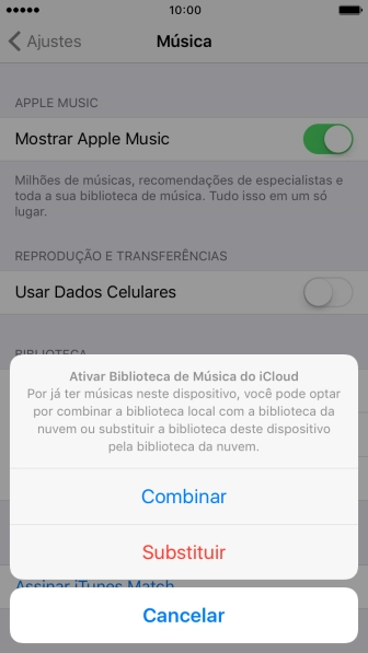 Pressione Combinar para unir a biblioteca de música do celular com a biblioteca de música do iCloud. Pressione Combinar para unir a biblioteca de música do celular com a biblioteca de música do iCloud.