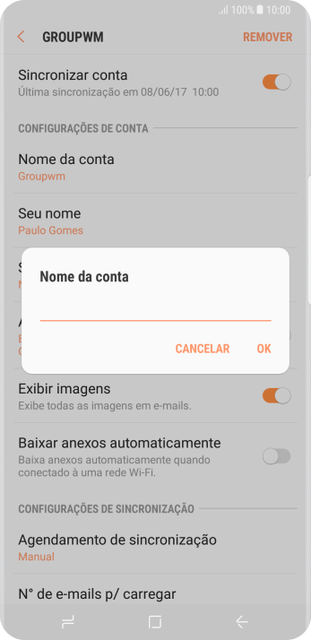 Digite o nome da conta de e-mail, e pressione OK. Digite o nome da conta de e-mail, e pressione OK.