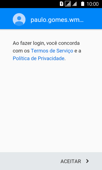 Pressione ACEITAR, e siga as indicações da tela para selecionar as configurações da sua conta Google. Pressione ACEITAR, e siga as indicações da tela para selecionar as configurações da sua conta Google.