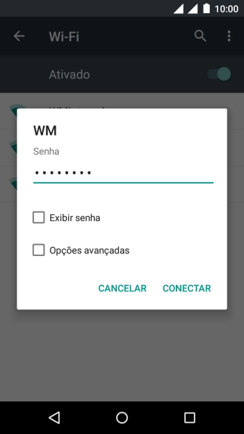 Digite a senha da sua conta da rede Wi-Fi, e pressione CONECTAR. Digite a senha da sua conta da rede Wi-Fi, e pressione CONECTAR.