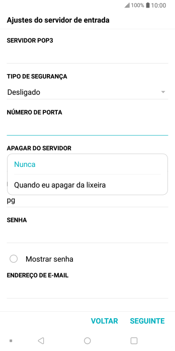 Pressione Nunca para manter os e-mails no servidor, quando você apagá-los do celular. Pressione Nunca para manter os e-mails no servidor, quando você apagá-los do celular.