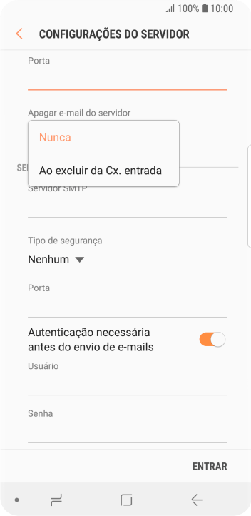 Pressione Nunca para manter os e-mails no servidor, quando você apagá-los do celular. Pressione Nunca para manter os e-mails no servidor, quando você apagá-los do celular.