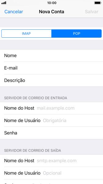 Pressione Nome do Host, e insira o nome do servidor de entrada do seu provedor de e-mails. Pressione Nome do Host, e insira o nome do servidor de entrada do seu provedor de e-mails.