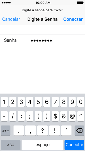 Digite a senha da sua conta da rede Wi-Fi, e pressione Conectar. Digite a senha da sua conta da rede Wi-Fi, e pressione Conectar.