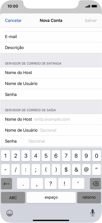 Pressione Nome do Host, e insira o nome do servidor de saída do seu provedor de e-mails. Pressione Nome do Host, e insira o nome do servidor de saída do seu provedor de e-mails.