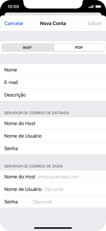 Pressione Nome do Host, e insira o nome do servidor de saída do seu provedor de e-mails. Pressione Nome do Host, e insira o nome do servidor de saída do seu provedor de e-mails.